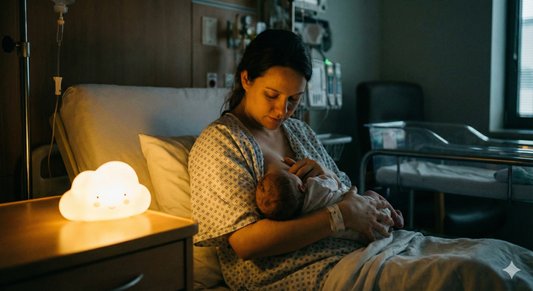 Maman allaitant son bébé à la maternité avec une veilleuse douce