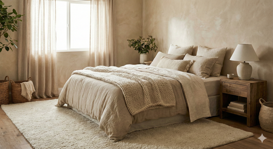 Aménagement d'une chambre cocooning avec lit douillet et tons beiges