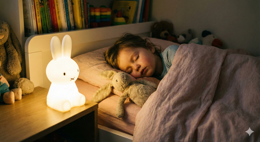 Enfant de 3 ans dormant paisiblement avec une veilleuse lapin en silicone