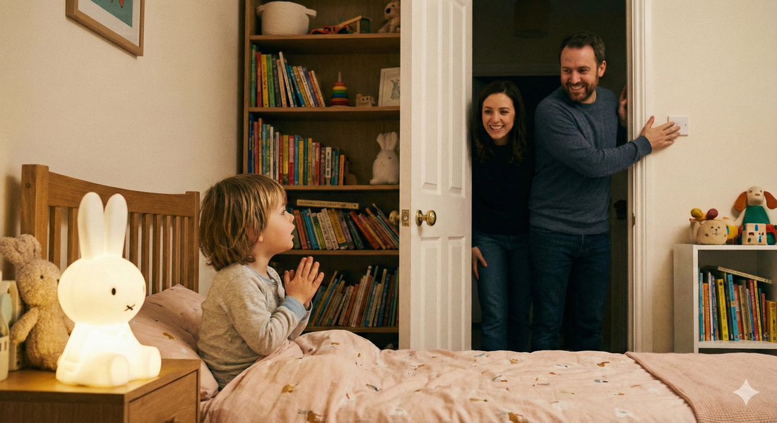Enfant dans son lit demandant à ses parents de laisser la veilleuse allumée.