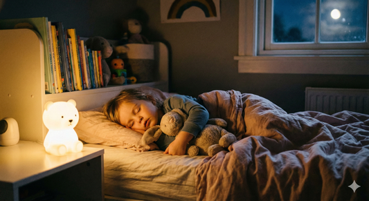 Un jeune enfant dort paisiblement avec une veilleuse lumière douce