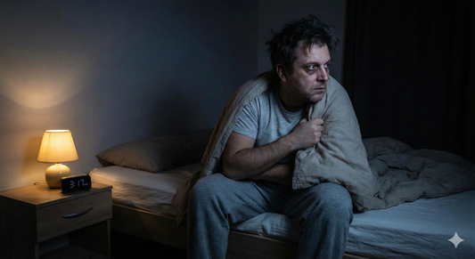 Adulte souffrant d'insomnie et de peur du noir assis sur son lit