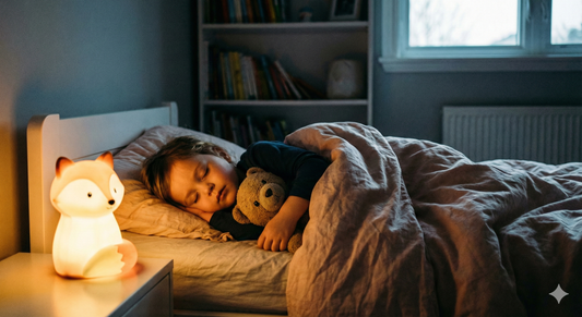 Enfant apaisé dormant avec une veilleuse lumière douce dans sa chambre